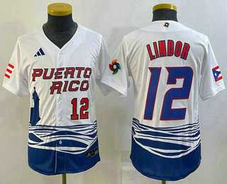 Youth Puerto Rico Baseball #12 Francisco Lindor Number 2023 White World Baseball Classic Stitched Jersey->2023 world baseball classic->MLB Jersey